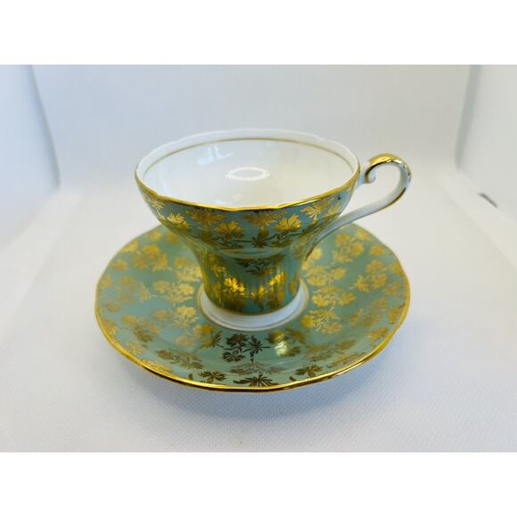 Aynsley Bone China Corset Tea cup & Saucer Green Gold Filigree Baroque Design - Picture 4 of 10